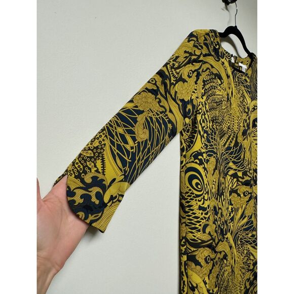 H & M Mustard Yellow/Peacock Blue 3/4 Sleeve Abstract Print Dress, Sz 8 - Picture 3 of 9